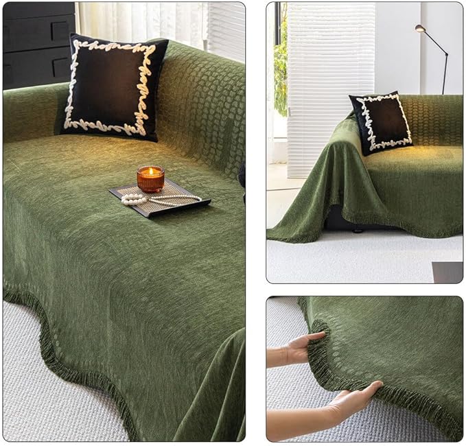 ROOMLIFE Green Sofa Cover, Vintage Boho Couch Cover for 3 Cushion Sofa, Non Slip Soft Chenille Sofa Slipcovers for Dog, Washable Furniture Sofa Protector Cover with Tassel for Living Room, 71''X150”