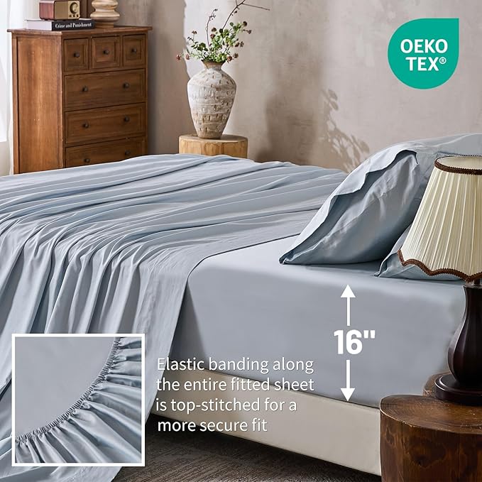MEISHANG 1000 Thread Count Cotton Sheets California King - 100% Egyptian Cotton, Sateen Weave, Soft & Breathable, Oeko-Tex Certified, 16" Deep Pockets - 4 Piece (Cal King, Light Blue)