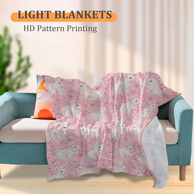 Cute Bunny Blanket, Rabbits and Pink Floral Leaves 60 x 50 Inch Flannel Throw Blanket, Gifts for Women Kids, Lightweight Cozy Warm Blankets for Sofa Travel Home Decor