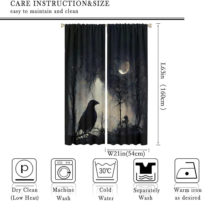 Gothic Halloween Crow Blackout Window Curtains, Black Birds Crow Crow Black Dark Decor Window Drapes, for Home Bedroom Living Room 21(W)*63(L) 2 Panels