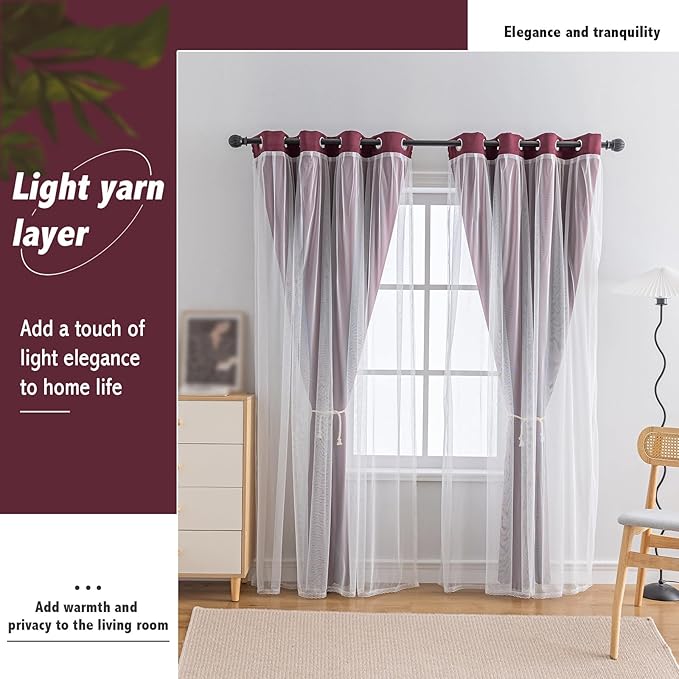 Anytime Home Curtains Blackout and Sheer Layered Solid Window Curtain Panel Pair with Grommet Top, 52Wx72L,Wine Red