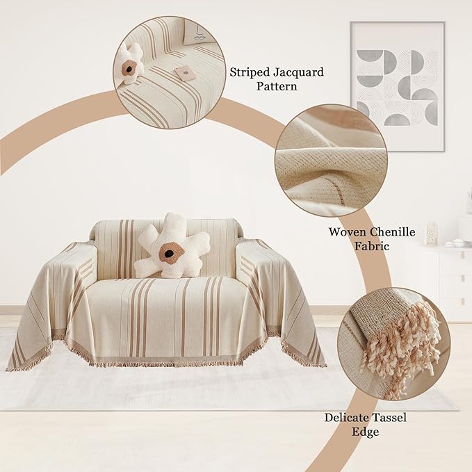 DREAMINGO Armchair Cover Washable Chenille Sofa Protector for Pet Kids Beige Coffee Chair Couch Covers for 1 Cushion Couch Stripe Jacquard Versatile Sofa Throw Slipcover for Futon Couch, 71"x91"