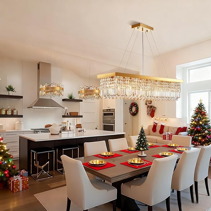 Siljoy Modern Crystal Chandelier, Luxury Gold Rectangular Raindrop Chandelier Lighting, 8-Light Rectangle Crystal Ceiling Light Fixture for Dining Room Kitchen Island Bar L40'' x W10'' x H10''