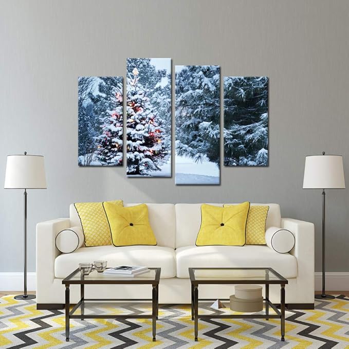 KREATIVE ARTS 4 Pieces Christmas Tree Canvas Print Snowy Winter Forest Pine Trees Scene Pictures Wall Art Giclee Artwork Gallery Wrapped Ready to Hang for Bedroom Walls Gift Idea L47xH32inch