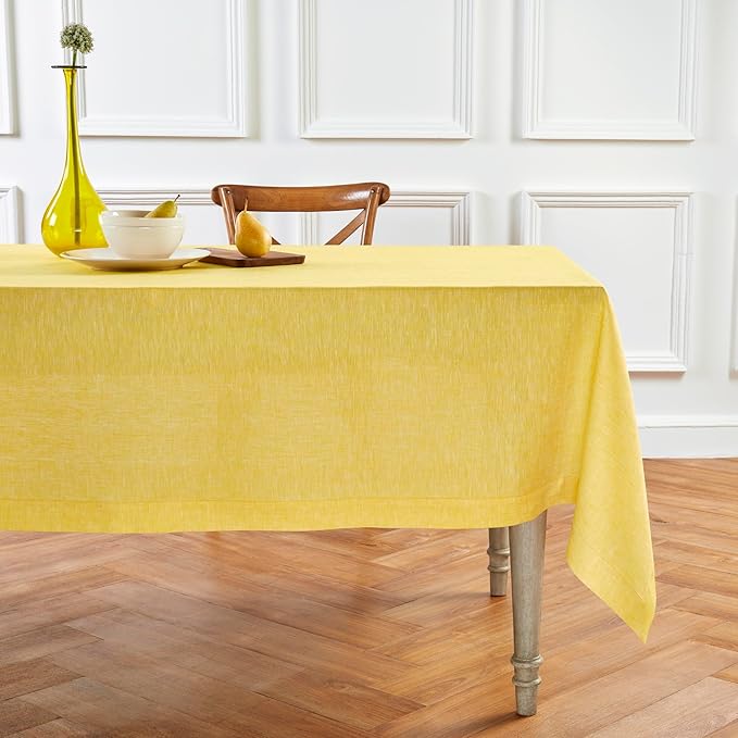 Solino Home Linen Tablecloth 60 x 132 Inch - 100% Pure Linen Chambray Lemon Yellow Table Cloth for Rectangle Tables - Athena, Machine Washable Tablecloth