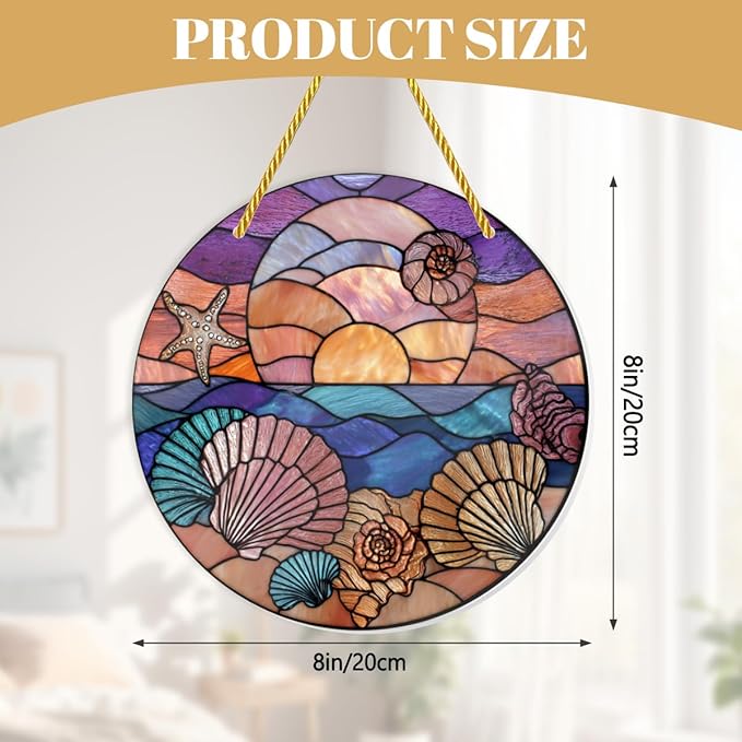 Coastal Seashells & Starfish at Sunset, 1PC Stained Glass Styles Acrylic Hanging Ornaments, 8×8inch Decorative Signs, Acrylic Suncatcher for Nautical Home Decor, Gifts, Garden, Wall Art