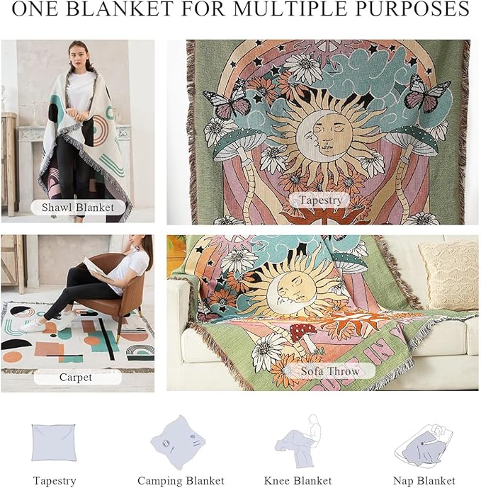 Double-Sided Cotton Woven Throw Blanket with Tassel Jungle Bohemian Style Tapestry Shawl Multi-Function Decorative Throws for Sofa Bed Armchair Camping Blanket Tablecloth Carpet 160x130cm