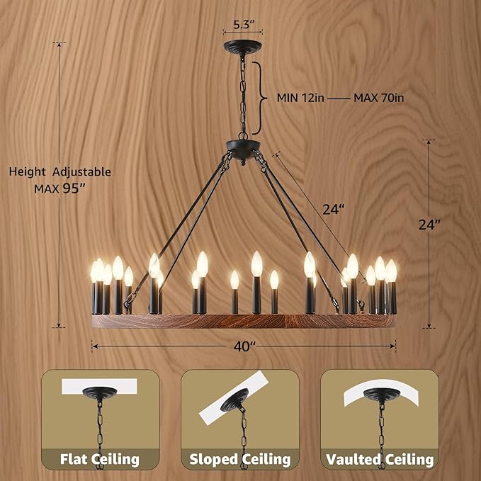 Wagon Wheel Chandelier 40" with Wood Grain Finish, 20-Light Farmhouse Wagon Wheel Chandelier for Dining Room, Modern Round Iron Candle Chandeliers Light for Living Room, Foyer, Entryway, E12