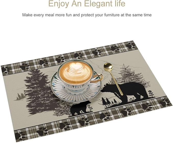 Rustic Bear Placemat Set of 4, 12x18 Inch Retro Farmhosue Green Buffalo Plaid Wildlife Wooden Forest Tree Cabin Country Lodge Coffee Table Mats for Outdoor Kitchen Dining Table Decoration