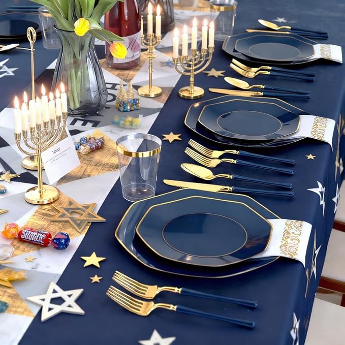 KIRE 140Pcs Blue Plastic Plates with Gold Rim - Gold Disposable Plastic Silverware with Blue Handle&Clear Cups&Hand Napkin - Geometric Party Plates for Hanukkah/Holiday/Party