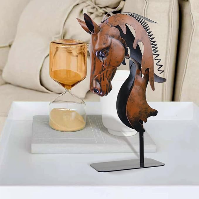Handmade Horse Statue - Unique Rustic Decor for Office & Home - Hand-Painted Metal Sculpture - Handmade Horses Figurines Gifts for Women/Men (Blue) (Brown)
