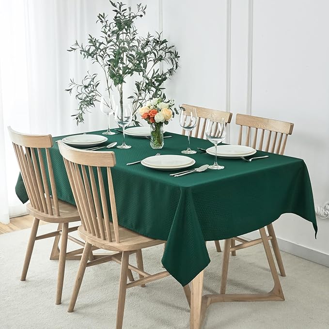maxmill Rectangle Tablecloth Weaved Design Water Resistant Wrinkle Free Spill-Proof Soft Table Cloth for Dining Room Decoration, Banquet, Christmas Holiday Dinner, 52 x 108 Inch, Hunter Green