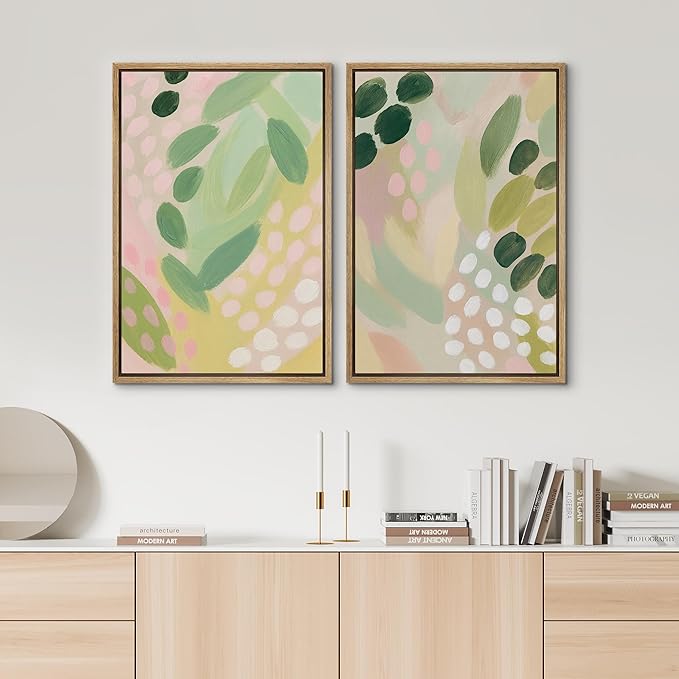 SIGNWIN Framed Canvas Print Wall Art Set Pastel Garden Rhythm Abstract Green and Pink Brushstroke Botanical Zen Bohemian for Living Room, Bedroom, Office - 24"x36"x2 NATURAL