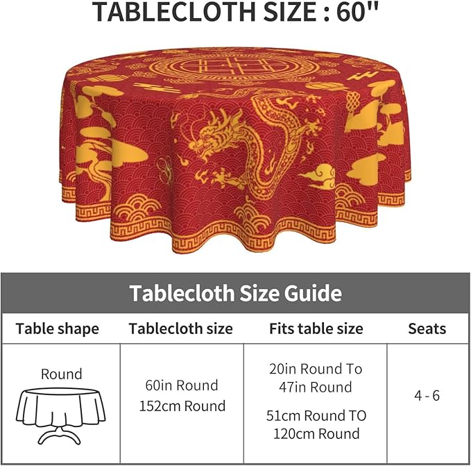 Chinese Tablecloth Round, Red Golden Traditional Zodiac Dragon Vintage Asian Style Oriental Water Resisitant Table Cover for Dining Kitchen Living Room Home Party Holiday Decor 70 inch Round