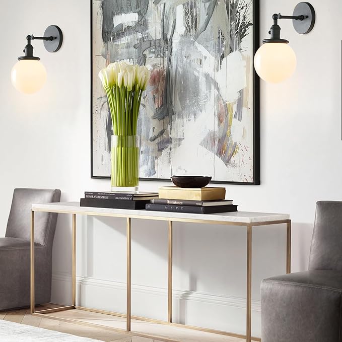 PERMO Vintage Industrial Wall Sconce Lighting Fixture with 5.9" Round Globe Milk White Glass Hand Blown Shade (Matte Black)