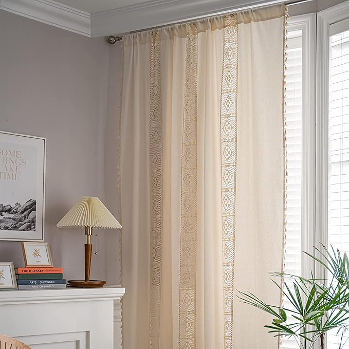 Sutuo Home Boho Curtain Crochet Lace Patchwork Semi-Blackout Bohemian Handmade Tassels, Rod Pocket Window Treatment Vintage Rustic Farmhouse Drapes for Bedroom, 1 Panel 59" W x 108" L, Beige