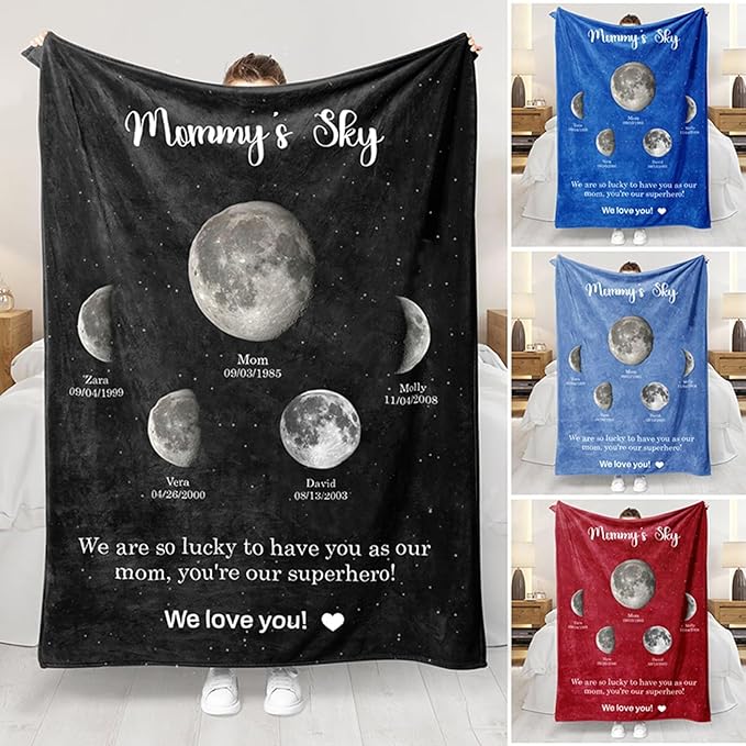 Personalized Moon Phase Throw Blanket Custom Mommy's Universe Moon Phase Fleece Blanket with Family Name Birthdate Wearable Blanket Gift for Mom Dad Father's Day Mother's Day Christmas