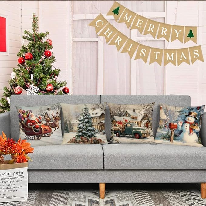 Neatee Living Christmas Pillow Covers 12x12 Set of 4 Farmhouse Xmas Vintage Throw Pillows Christmas Tree Deer Snowman Pillow Cases Outdoor Sofa Couch Cushion Covers for Home Decorations (12 by 12)