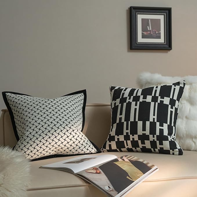 New 18x18'' inches Throw Pillow Cushion Covers - White H Letter Black Color Chenille Jacquard Embroidery Luxury Modern Style Couch Sofa Bed Pillow Cover for Living Room Bedroom