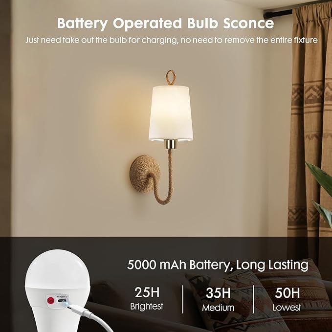 Set of 2 Boho Wall Sconce Lamps – Wireless Cordless LED Wall Lights with Remote, Rechargeable 5000mAh Battery Operated Rattan Gold Light Fixtures for Bedroom, Living Room, Bathroom, or Bedside