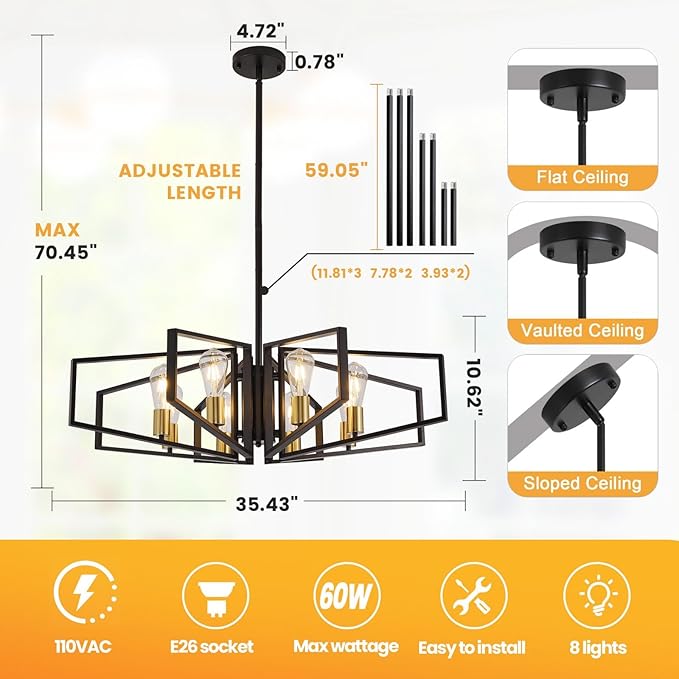 Black and Gold Chandelier, 8-Light Farmhouse Dining Room Light Fixture, Geometric Pendant Lights Kitchen Island, Modern Industrial Chandelier for Living Room, Bedroom, Foyer, Stairway, Entryway