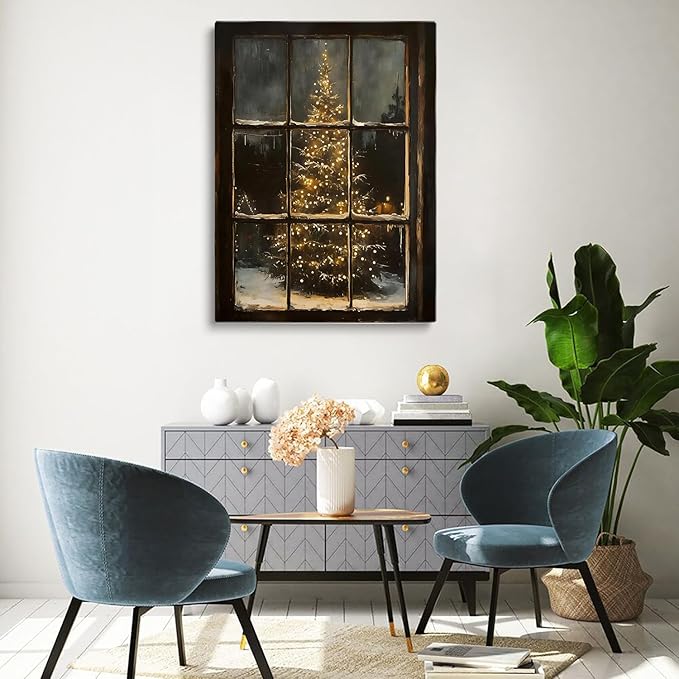 Rustic Christmas Windows and Trees Wall Art Prints,Xmas Holiday Oil Painting,Nostalgic Christmas Tree Print,Moody Winter Farmhouse Decor