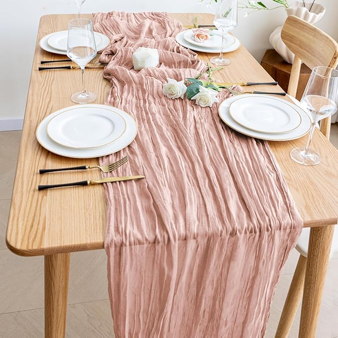 Wokceer Cheesecloth Table Runner Dusty Pink 10FT Boho Gauze Wedding Cheese Cloth Table Runner for Party 120 Inches Long Easter Rustic Sheer Table Runners for Baby Bridal Shower Decor