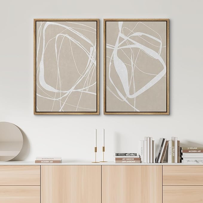 SIGNWIN Framed Canvas Print Wall Art Set Mid-Century Geometric Ring Pattern Abstract Shapes Cozy Neutral Minimalism Decorative Bohemian Relax/Zen for Living Room, Bedroom, Office - 16"x24"x2 Natural