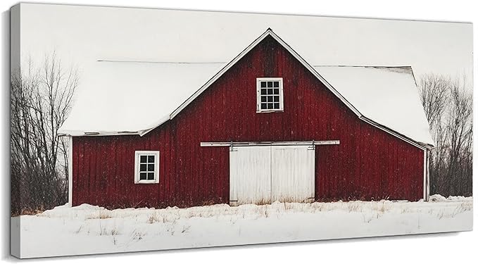 GUTTATY Christmas Winter Scene Canvas Wall Art, Red Barn Snowy Landscape Canvas Painting, Rustic Wall Decor Print for Holiday Living Room, Bedroom, Seasonal Wall Hanging Poster Picture, 48x24 Inch