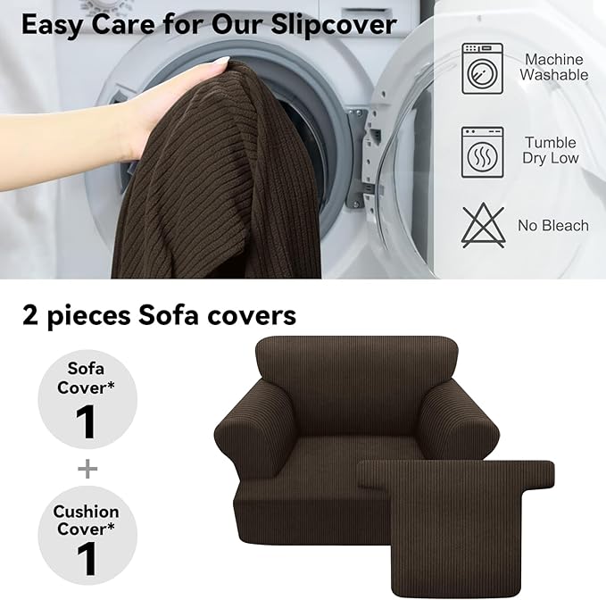 Waterproof Chair Cover with Arms 2-Piece Set Striped Slipcover for 1 Separate T Cushion Couch - TPU Fabric Armchair Covers Leakproof Couch Protector for Kids, Pets(Chair, Brown)