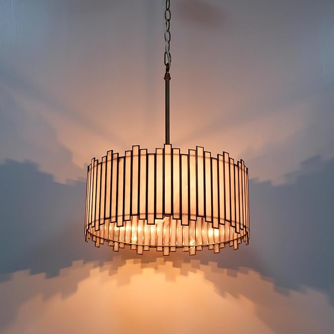Drum Chandelier 4-Light, Brass Gold Tiffany Pendant Lighting Fixture with Stained Grey Glass Shade, 16” Round Ceiling Hanging Lamp for Bedroom Dining Room Kitchen Entryway Living Room