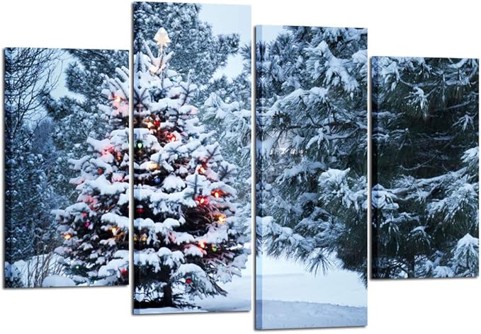 KREATIVE ARTS 4 Pieces Christmas Tree Canvas Print Snowy Winter Forest Pine Trees Scene Pictures Wall Art Giclee Artwork Gallery Wrapped Ready to Hang for Bedroom Walls Gift Idea L47xH32inch