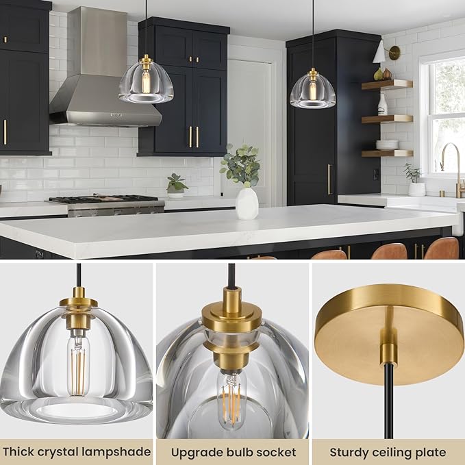 Crystal Pendant Light Kitchen Island: 7" Vintage Brass Hanging Lights Above Dining Table - Modern K9 Crystals Lighting Over Kitchen Sink - Luxury Gold Hemispher Pendants Light Fixtures Bulbs Included