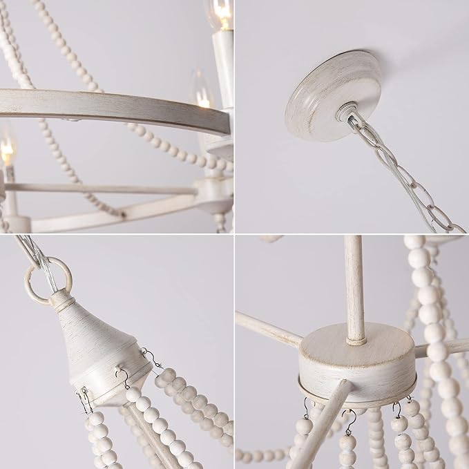 COCOSTAR 28 Inch White Beaded Chandelier Bohemian Style, 6-Light Retro Wood Country Chandelier, Farmhouse Chandeliers for Dining Room, White with Gold, (Bulb Not Included)