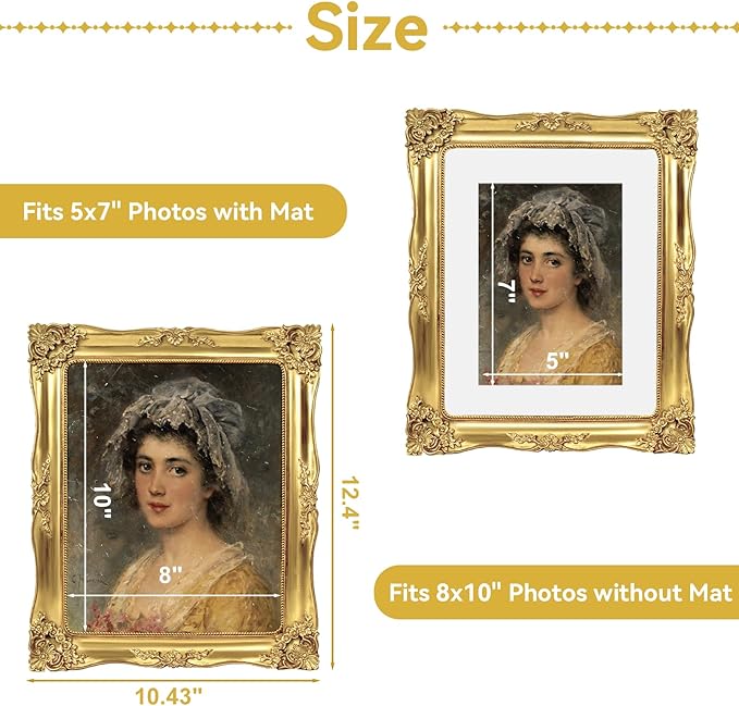 8x10 Picture Frame Gold Vintage Picture Frames Baroque Antique Ornate Victorian for Wall or Tabletop Display, Fits 8x10 or 5x7 Photo with Mat