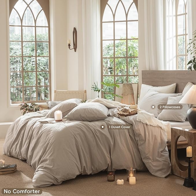 MooMee Wavy Striped Duvet Cover Set 100% Washed Cotton Linen Like Textured Breathable Durable Soft Comfy (Beige, Palatial King/Oversized King 120"x98")