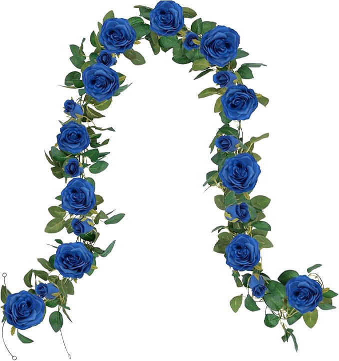 U'Artlines 5 Pack Artificial Royal Blue Rose Vines Floral Garlands Total 32.5 Ft Fake Vine Silk Flower Garland for Indoor Outdoor Home Wedding Arch Garden Wall Decoration