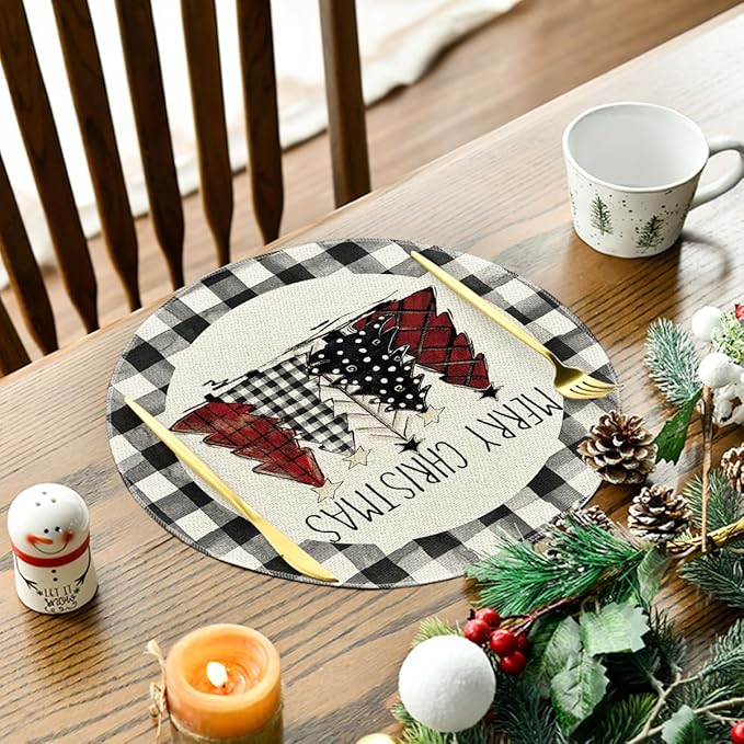 Artoid Mode Waterclor Buffalo Plaid Christmas Trees Merry Xmas Round Placemats Set of 4, 14 Inch Seasonal Winter Round Table Mats for Dining Decoration