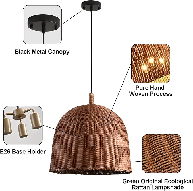 16.9" Rattan Pendant Light Fixtures, 3-Lights Boho Chandelier Hand Woven Pendant Light Farmhouse Hanging Light for Living Room Kitchen Island Dining Room Hallway