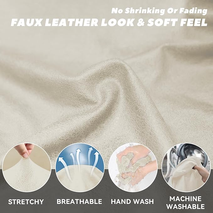 Loveseat Slipcover with Armrest Pockets 3-Piece Set, Stretch Faux Leather Love Seat Covers for 2-Cushion Couches(Fits 58-66") - Non-Slip, Machine Washable, Pet & Kid Friendly - Beige