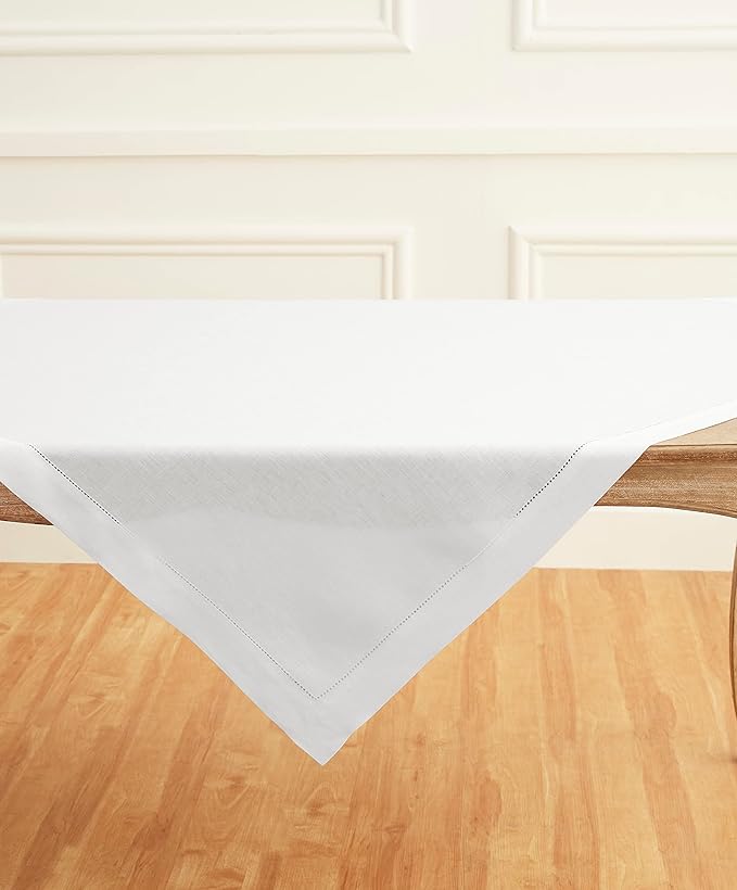 Solino Home White Linen Tablecloth 52 x 52 Inch - 100% Pure Linen Square Table Throw - Classic Hemstitch, Machine Washable Table Cloth for Fall, Autumn, Winter, Thanksgiving, Holiday