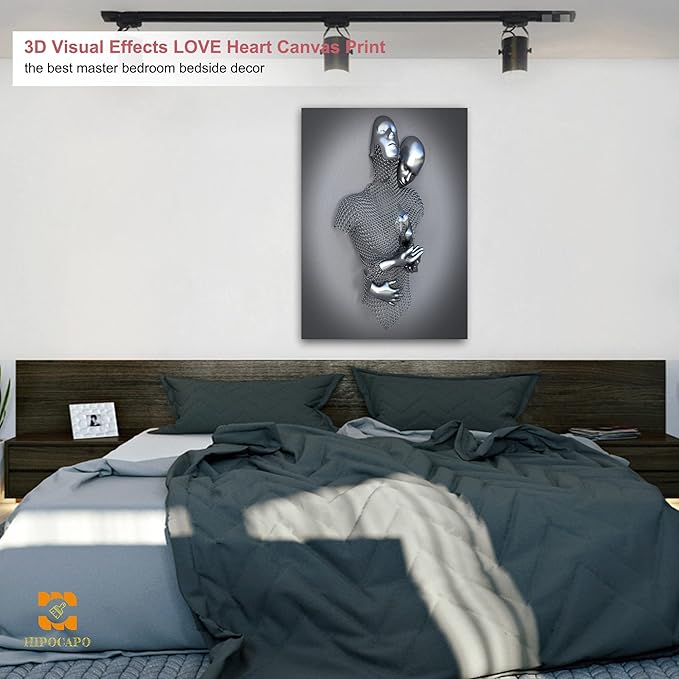 HIPOCAPO 3D Metal Effect Wall Art - Love Heart Canvas Art, Silver Decor for Living Room, Romantic Couple Room Framed 28”x40”x1Pcs 3d Art-15