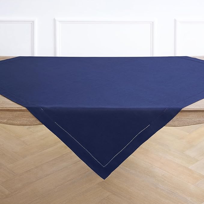 Solino Home Navy Blue Linen Tablecloth 52 x 52 Inch - 100% Pure Linen Square Table Throw - Classic Hemstitch, Machine Washable Table Cloth for Fall, Autumn, Thanksgiving, Christmas, Holiday, Winter