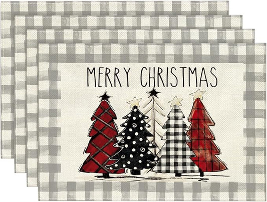 Artoid Mode Watercolor Grey Buffalo Plaid Christmas Trees Placemats Set of 4, 12x18 Inch Winter Table Mats for Party Kitchen Dining Decoration