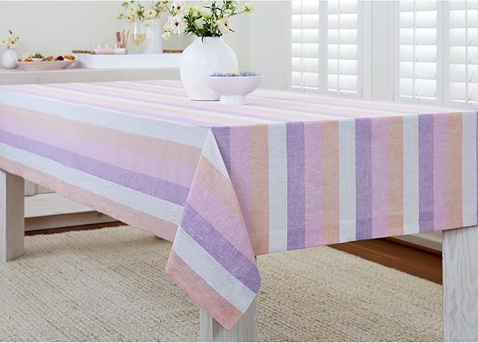 Solino Home Linen Tablecloth 60 x 144 Inch - 100% Pure Linen Multicolor Gelato Stripe Table Cloth for Rectangle Tables - Machine Washable Tablecloth