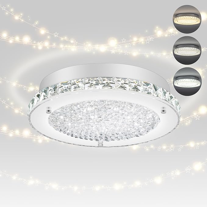 Crystal Ceiling Light Fixture 3000/4000/5000K Flush Mount Crystal Chandelier Modern Dimmable LED Kitchen Light Fixture for Bathroom Hallway Porch Laundry Room Cloakroom Office 11"