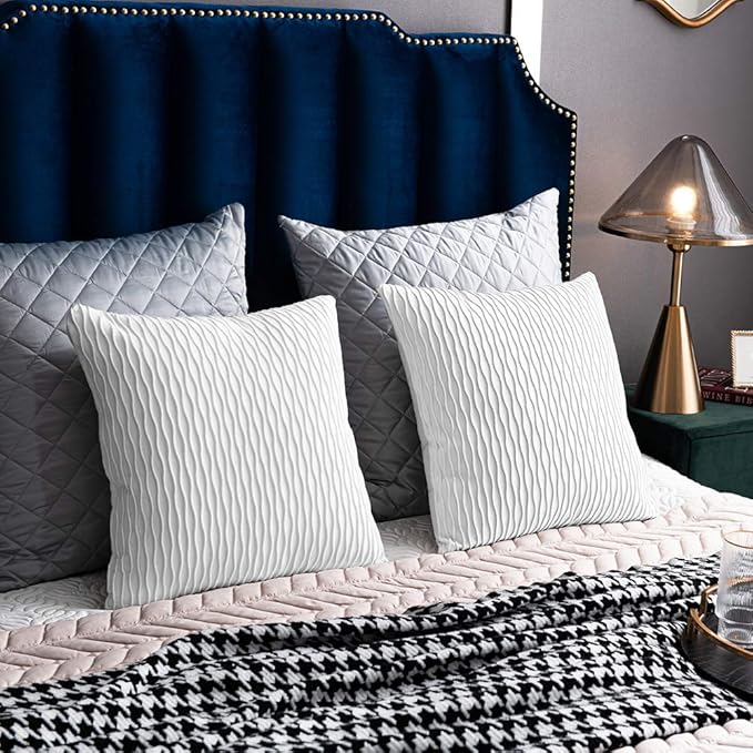 White Striped Couch Pillow Cases: 2 Pack 24x24 Inch Original Velvet Square Throw Pillow Covers for Farmhouse Home Decor