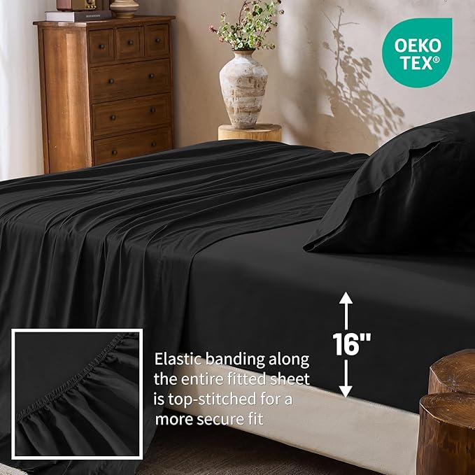 MEISHANG 1000 Thread Count Cotton Sheets King Size - 100% Egyptian Cotton, Sateen Weave, Soft & Breathable, Oeko-Tex Certified, 16" Deep Pockets - 4 Piece (King, Black)