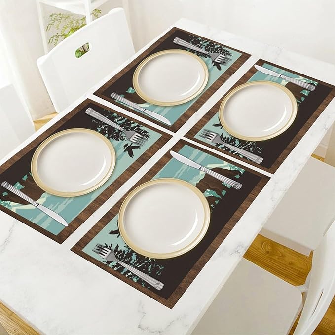 Rustic Bear Placemat Set of 4, 12x18 Inch Retro Blue Wooden Wildlife Animal Forest Pine Tree Cabin Country Lodge Coffee Table Mats for Farmhosue Outdoor Kitchen Dining Table Decoration