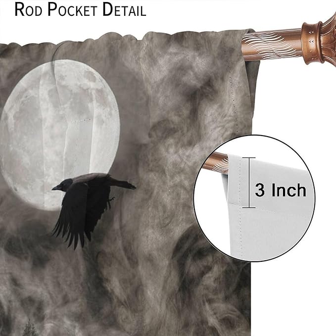 Gothic Crow Blackout Window Curtains, Gothic Style Dark Sky Full Moon Raven Halloween Pattern Window Drapes, for Home Bedroom Living Room 36(W)*63(L) 2 Panels